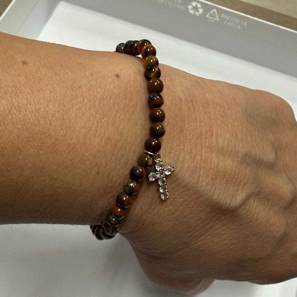 Park Lane Brown Beaded Bracelet with Silver Cross Charm